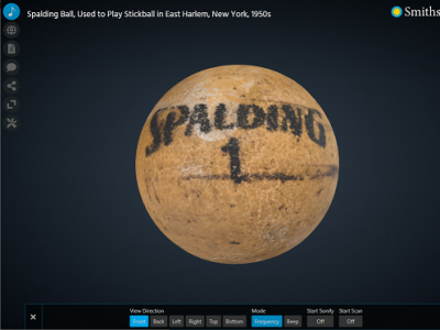 Screenshot of the Voyager sonification interface displaying a 3D model of a light brown Spalding stickball.