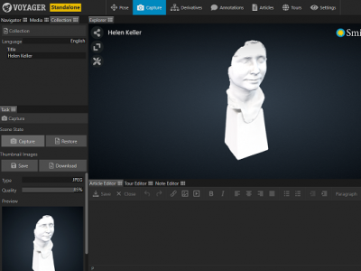 Screenshot of Voyager Standalone Story web application with a white bust of Helen Keller shown in the preview pane.